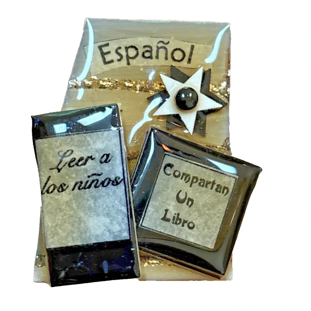 Book Pins by Lucinda (3) Brooch Pin Espanol Bookstore Home Friends Collectible
